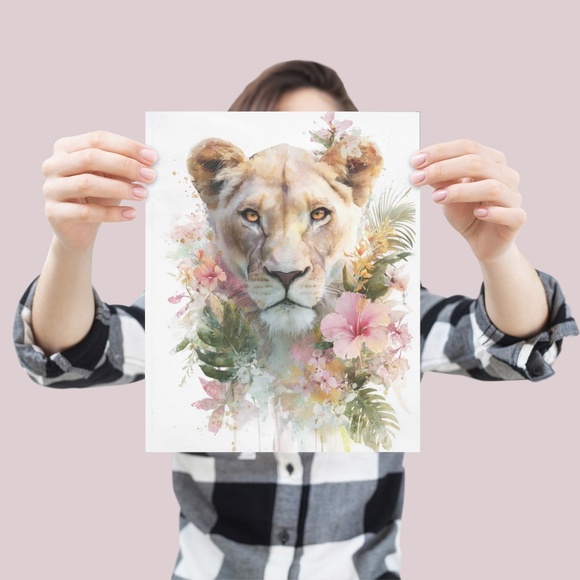Watercolor Lioness With Flowers Portrait Wall Art Illustration Print Unframed - Picture 3 of 7